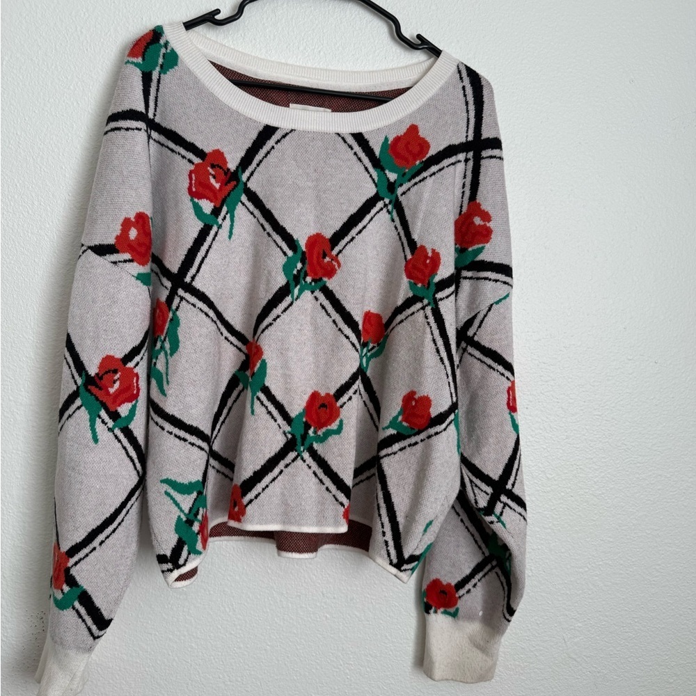 Anthropologie White Sweater with Red Floral Design - Picture 2 of 6
